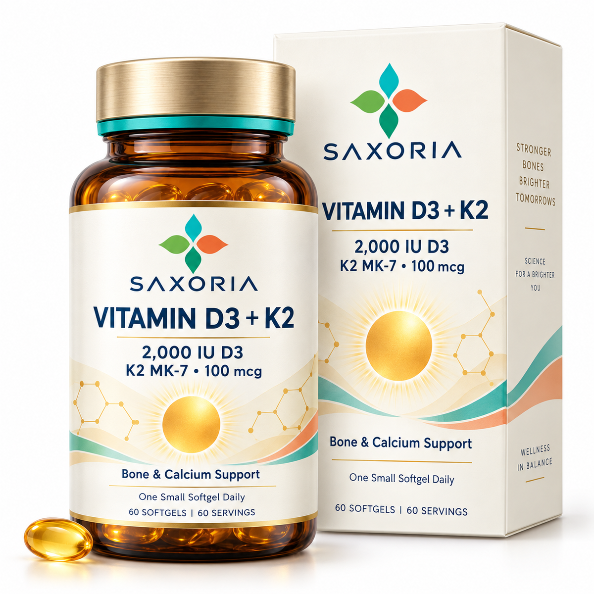 Saxoria Vitamin D3 2,000 IU + K2 MK-7 Softgels