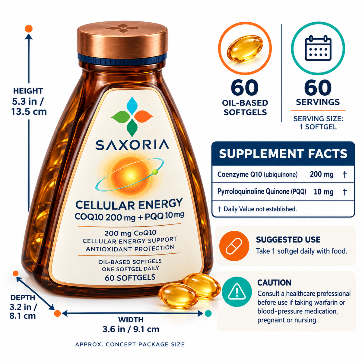 Saxoria CoQ10 200 mg + PQQ Cellular Energy Softgels