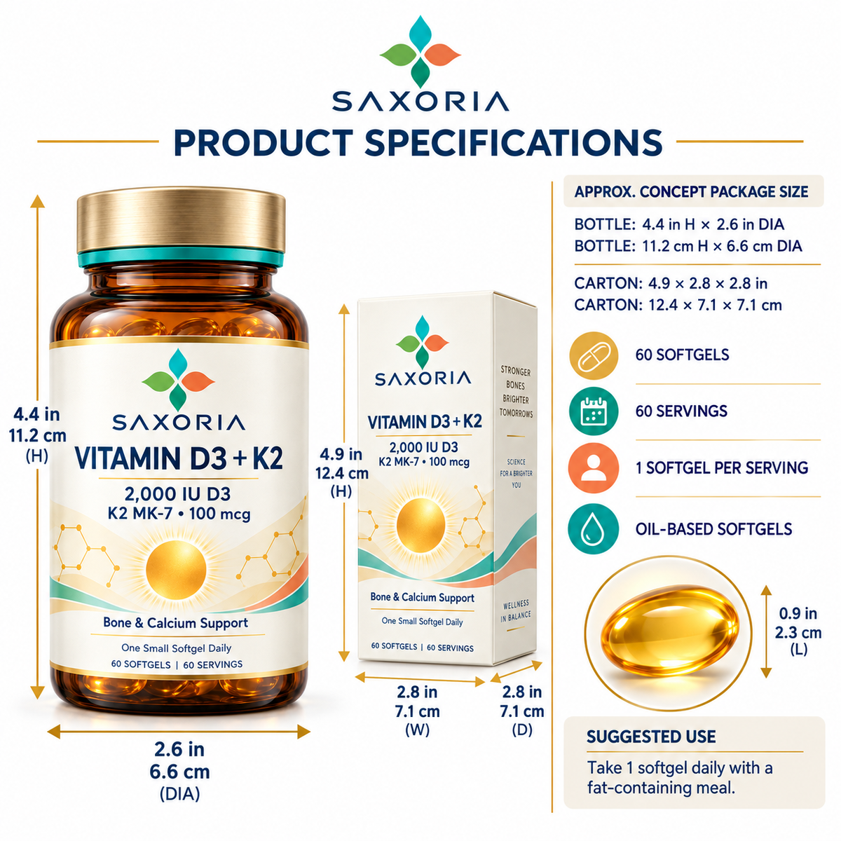 Saxoria Vitamin D3 2,000 IU + K2 MK-7 Softgels