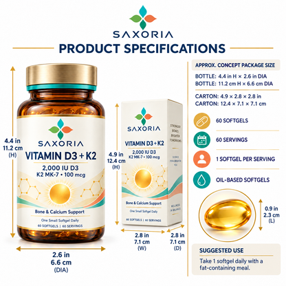 Saxoria Vitamin D3 2,000 IU + K2 MK-7 Softgels