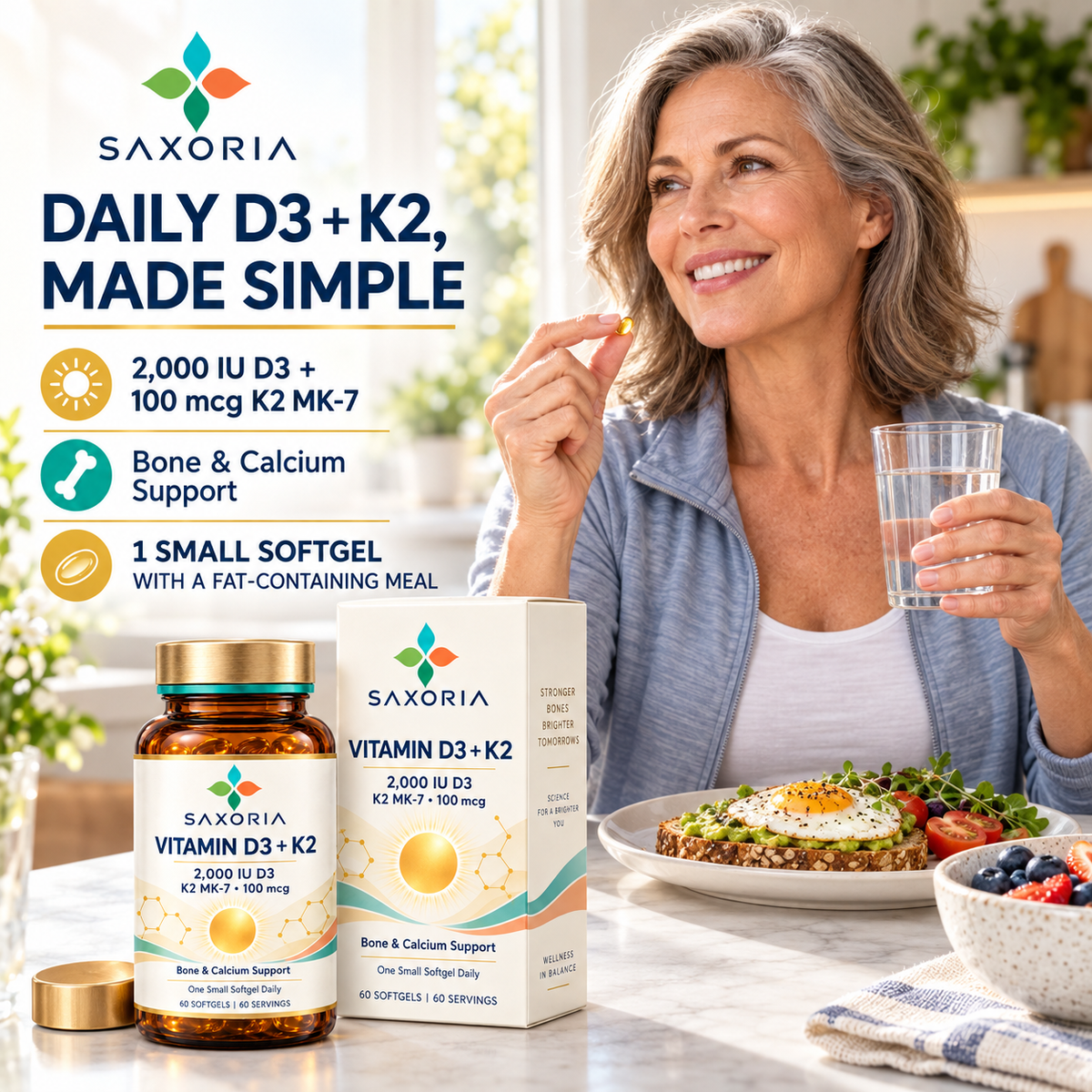 Saxoria Vitamin D3 2,000 IU + K2 MK-7 Softgels