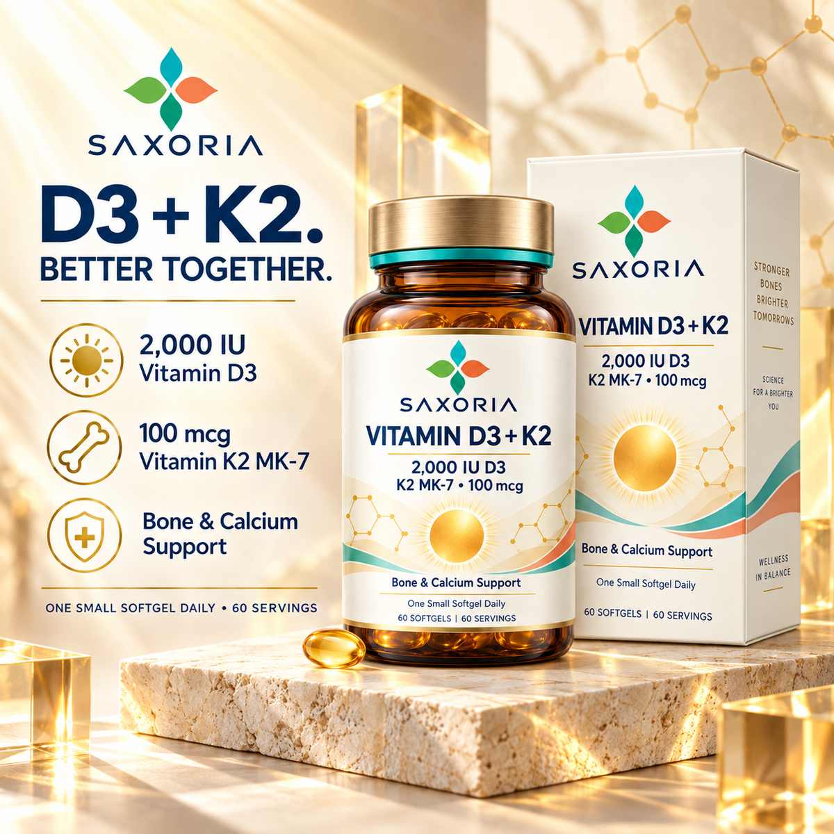 Saxoria Vitamin D3 2,000 IU + K2 MK-7 Softgels