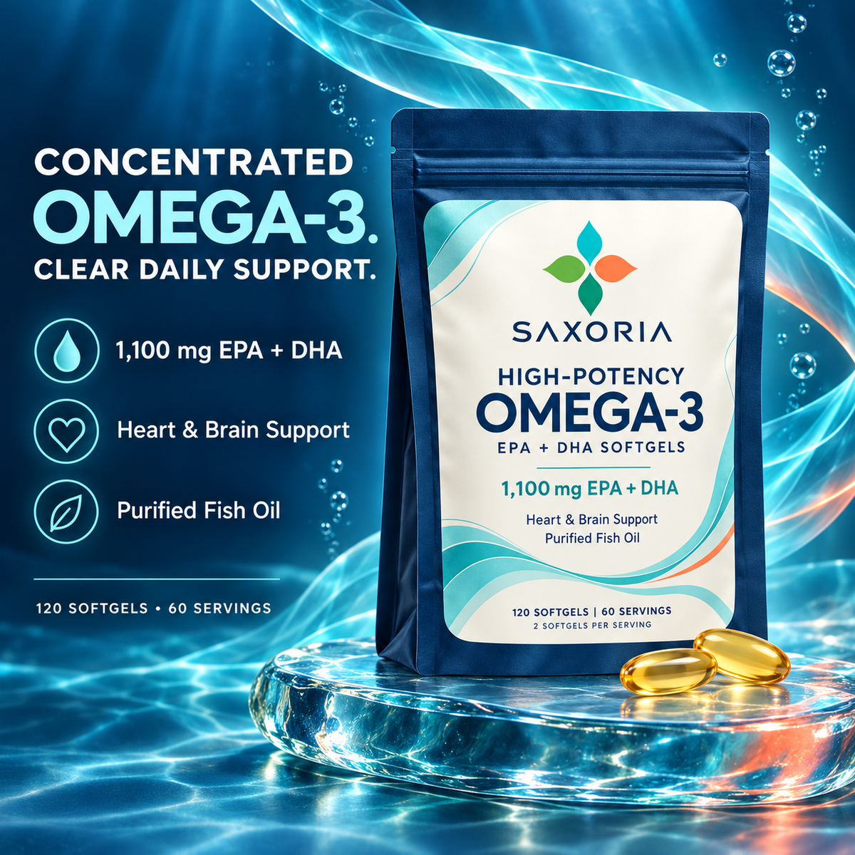 Saxoria High-Potency Omega-3 EPA + DHA Softgels