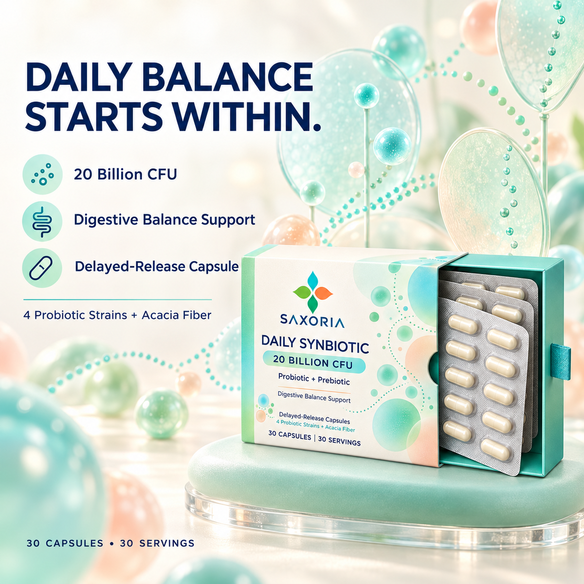 Saxoria Daily Synbiotic 20 Billion CFU Capsules