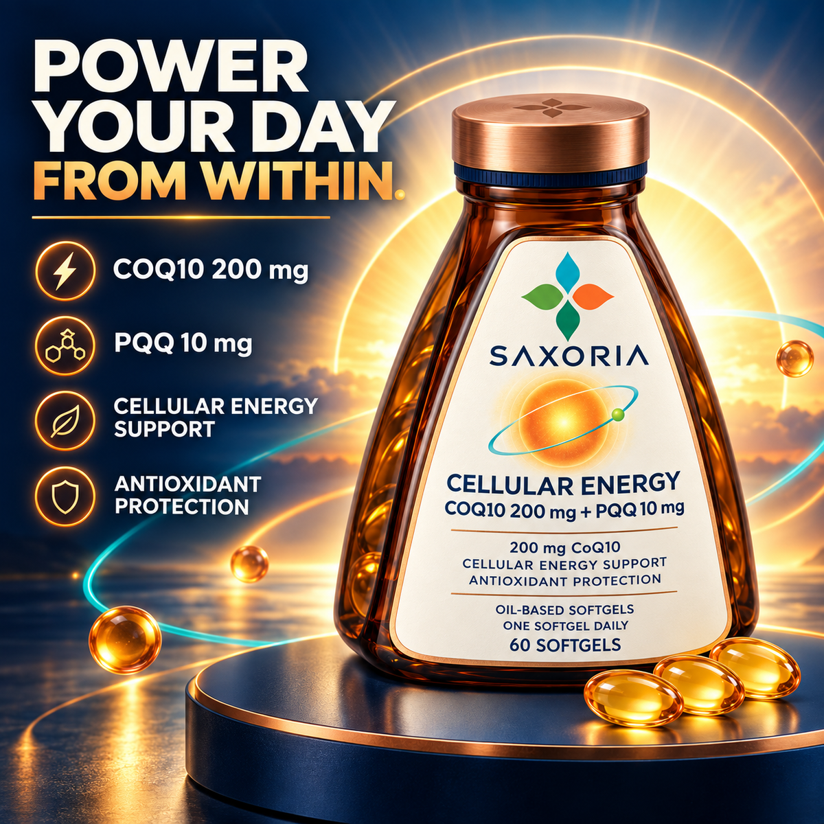 Saxoria CoQ10 200 mg + PQQ Cellular Energy Softgels
