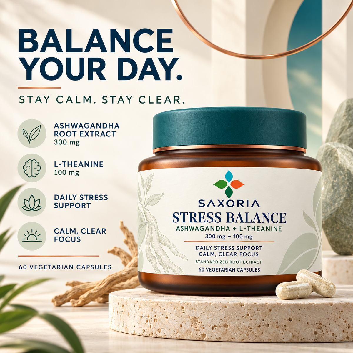 Saxoria Stress Balance Ashwagandha + L-Theanine Capsules